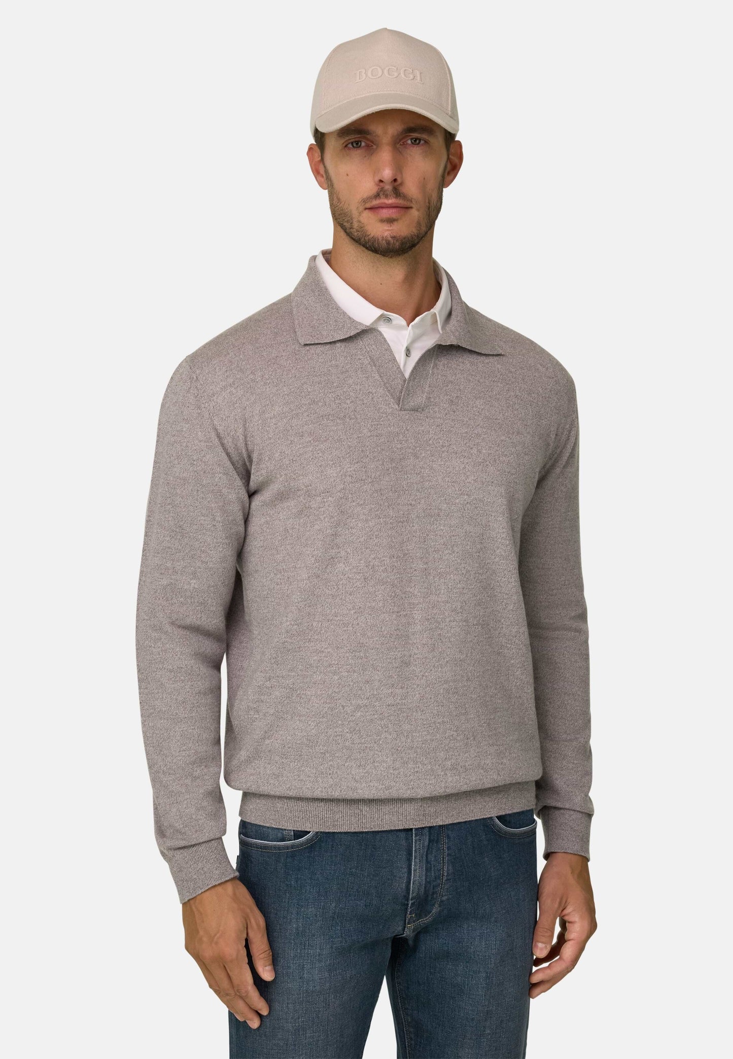 Вязаный свитер-поло из мериносовой шерсти Cashwool® Mouliné